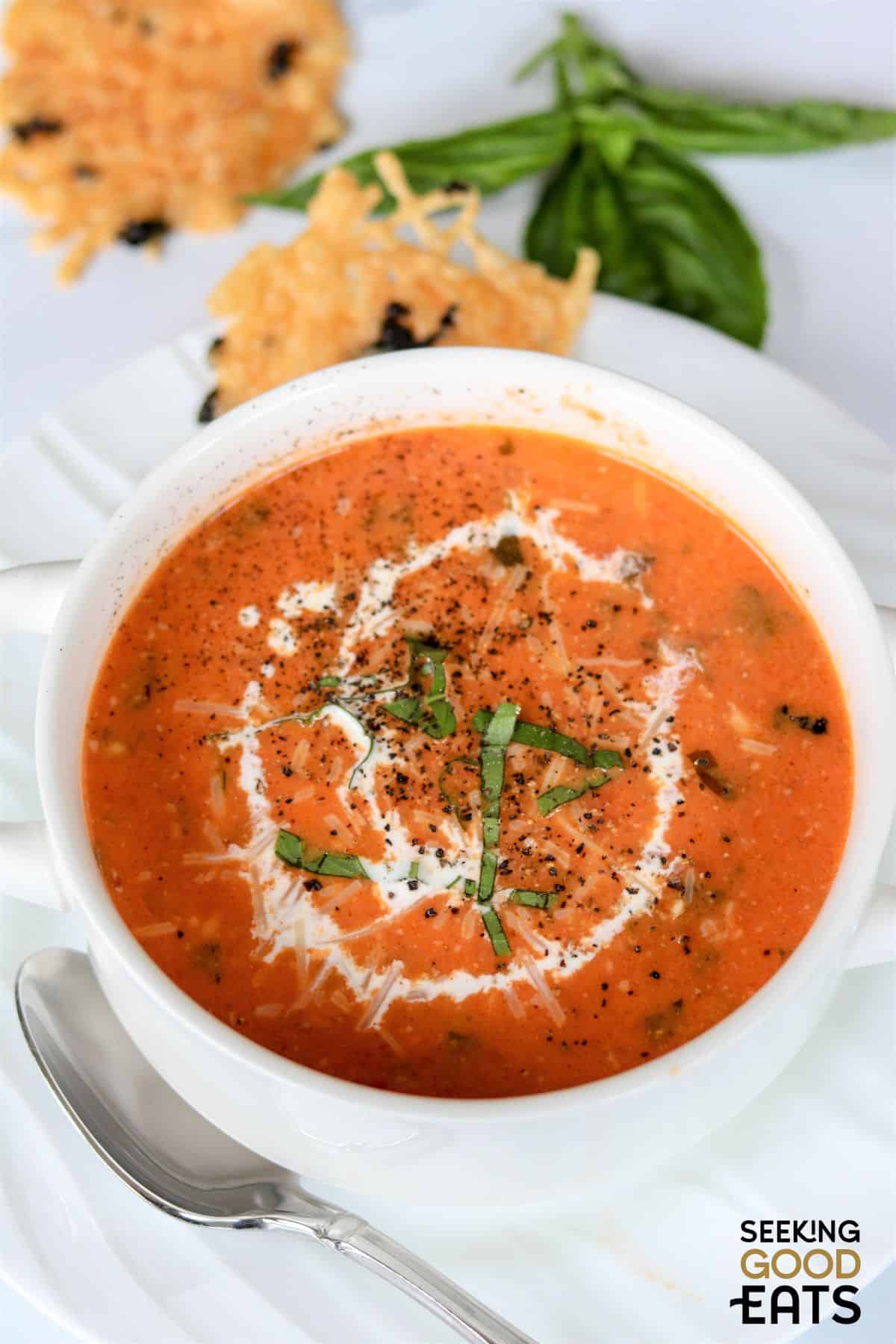Bowl of tomato and basil soup.