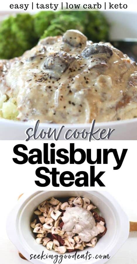 Image épinglable Pinterest avec l'image du haut du steak de salisbury servi final avec sauce et une image du bas des ingrédients dans la mijoteuse en attente de cuisson.