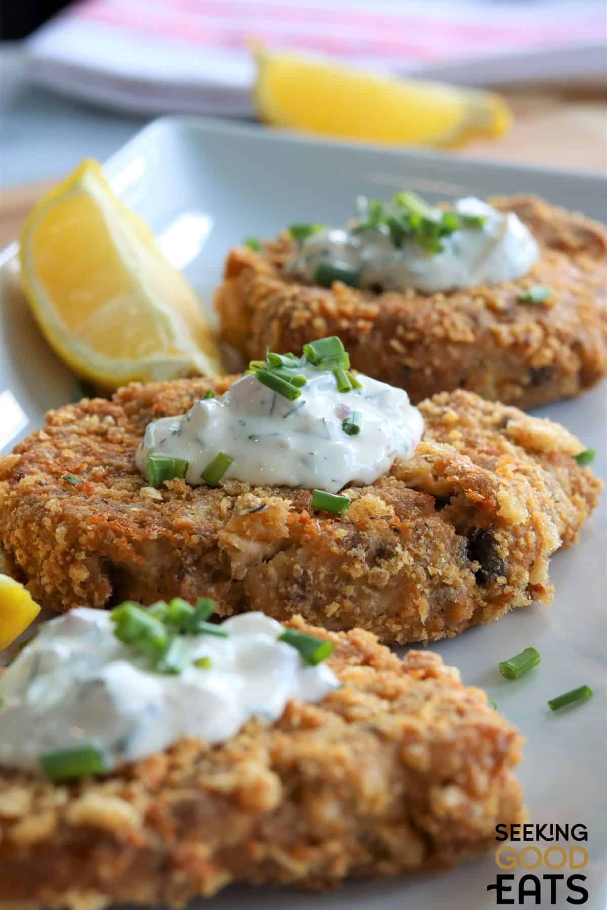 Cooked salmon patties air fryer style close-up.