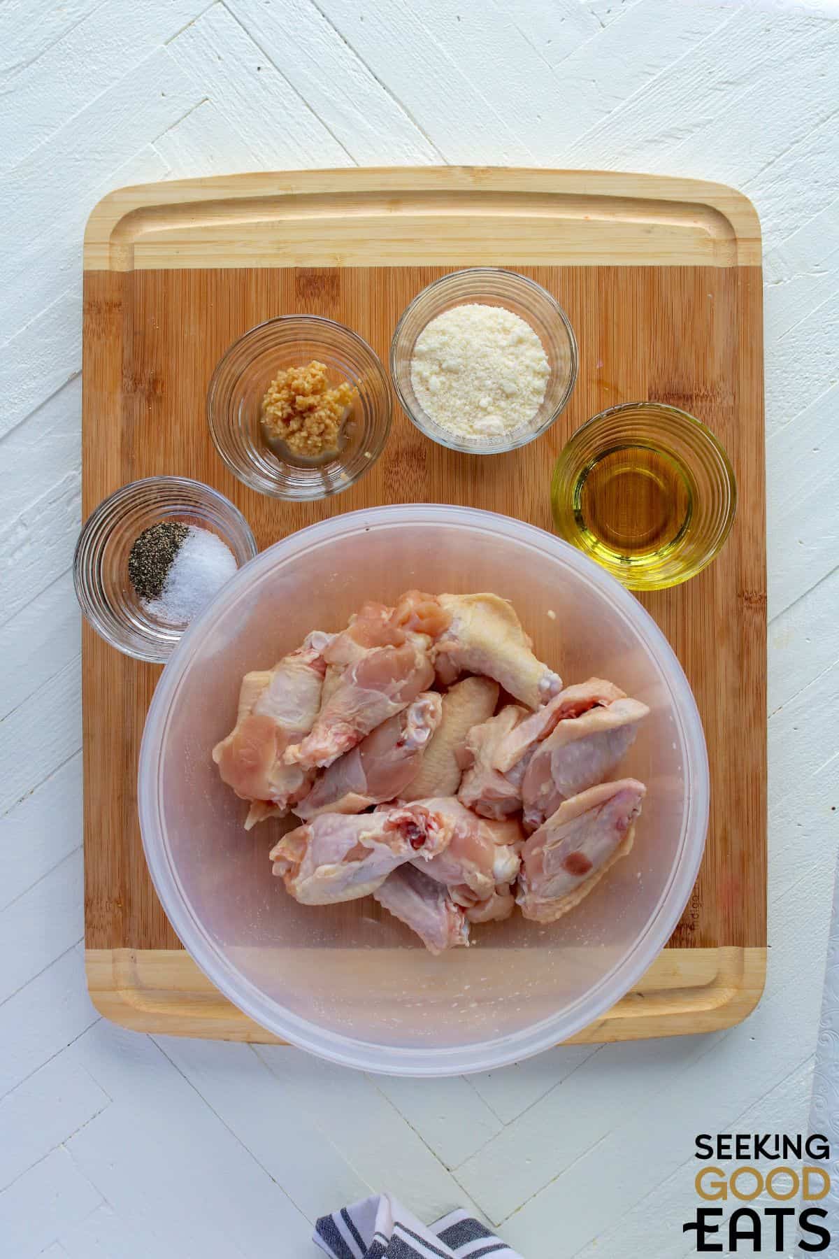 Ingredients needed to make easy air fryer garlic parmesan wings.