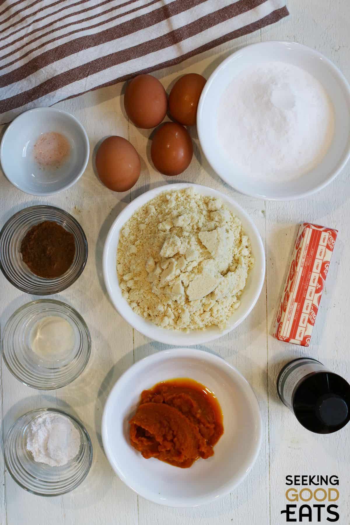Image of ingredients needed to make gluten-free pumpkin muffins.