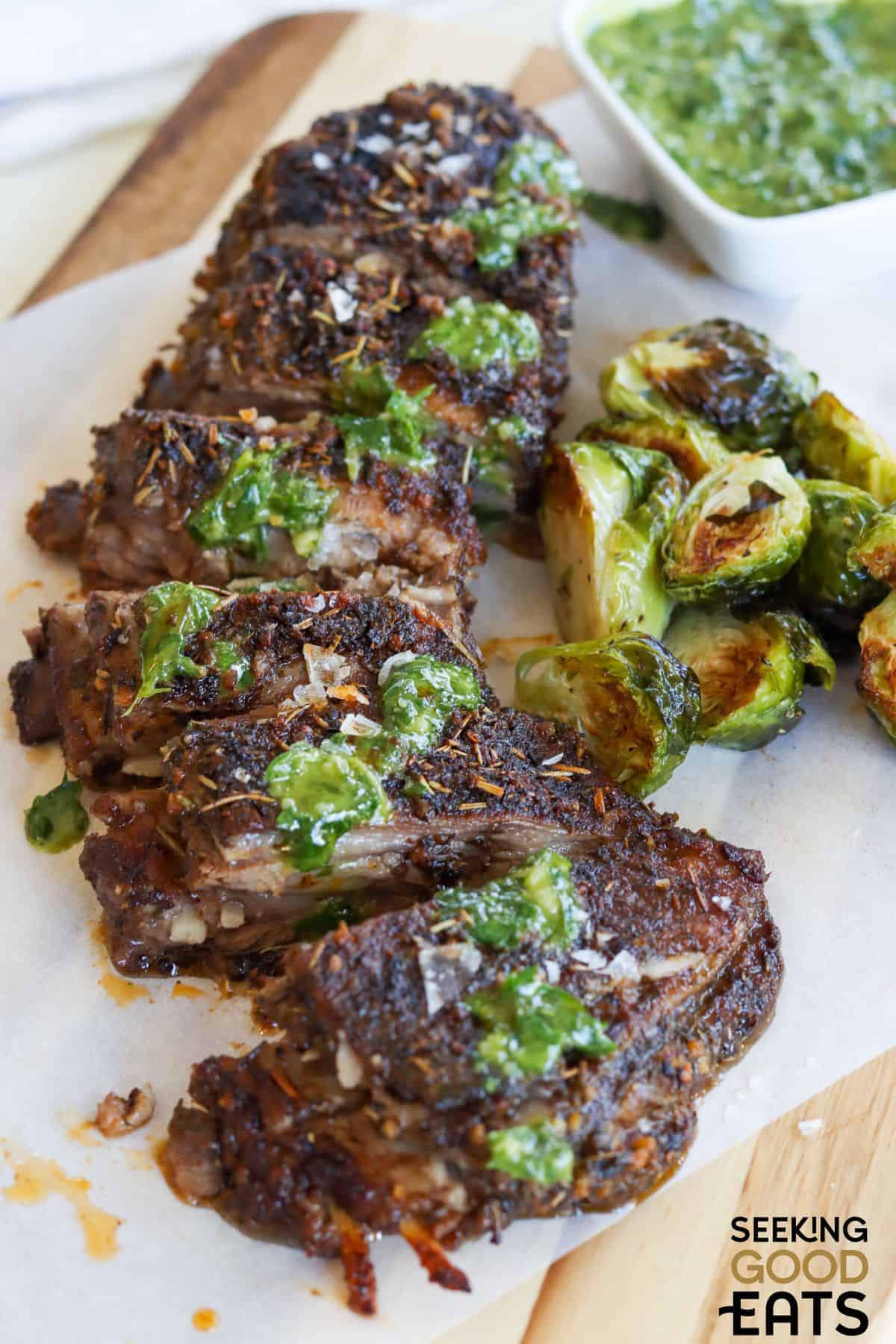 Oven roasted lamb breast sliced and ready to serve.