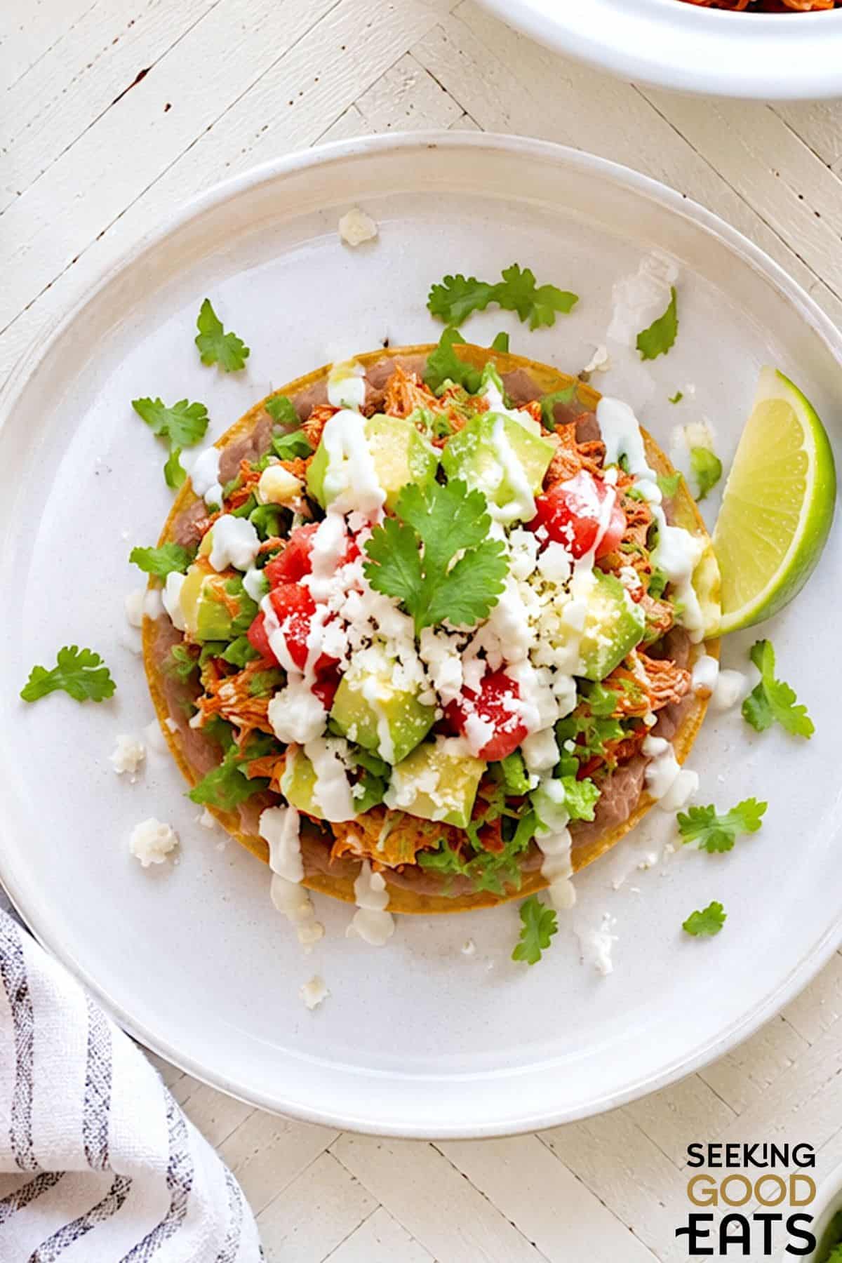 Overhead shot of chicken tinga tostadas.
