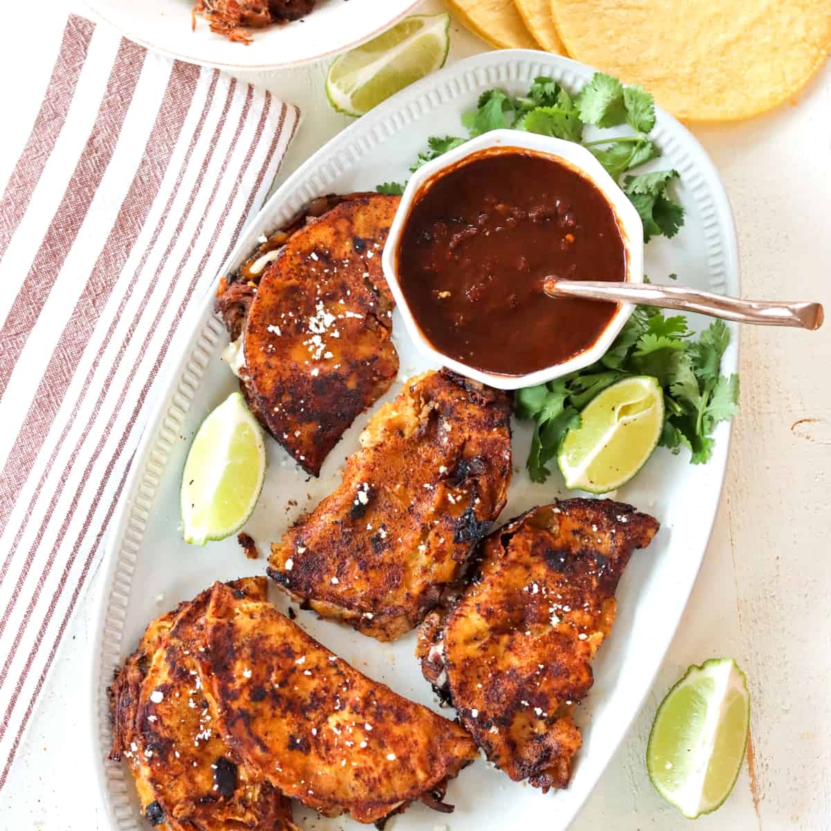 Square image of quesabirria on a gray oval platter.