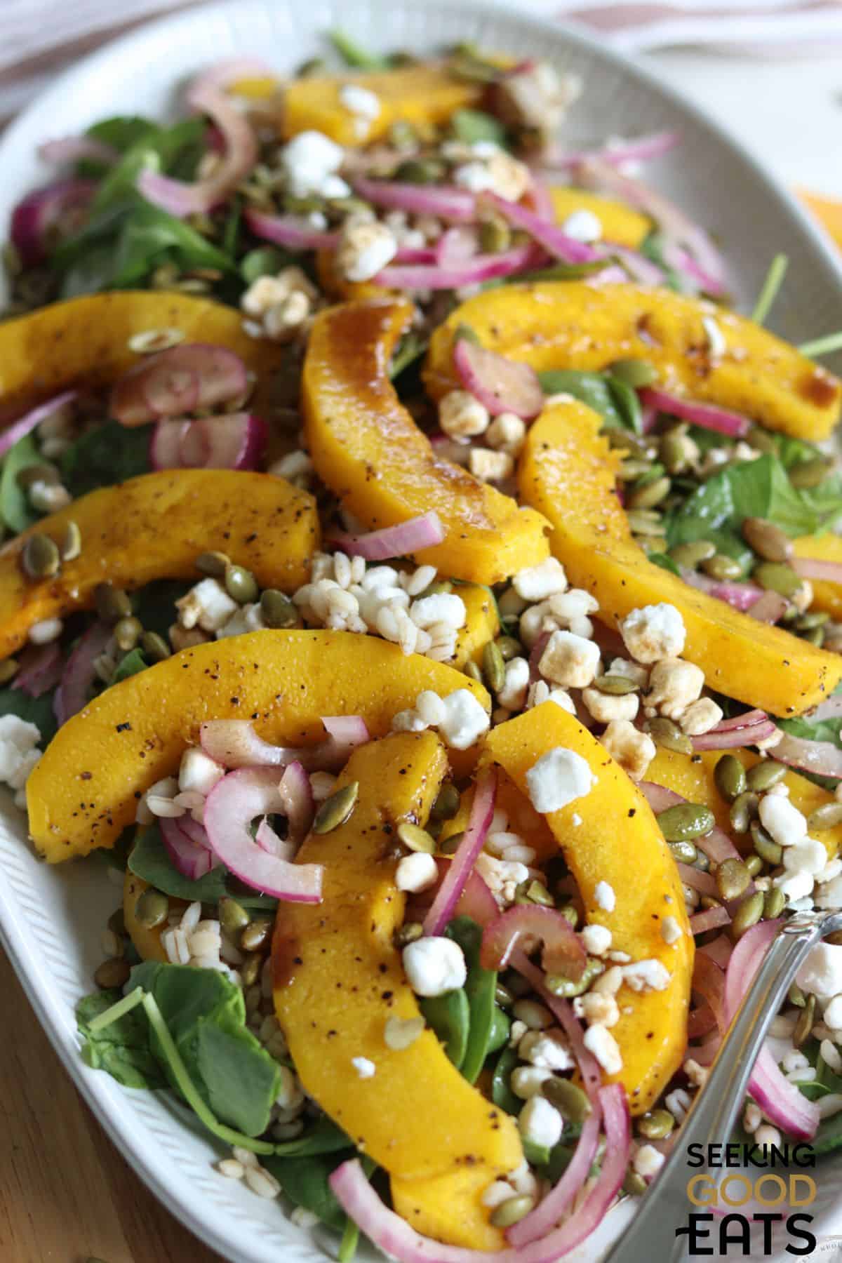 Close up view of the salad with roasted pumpkin.
