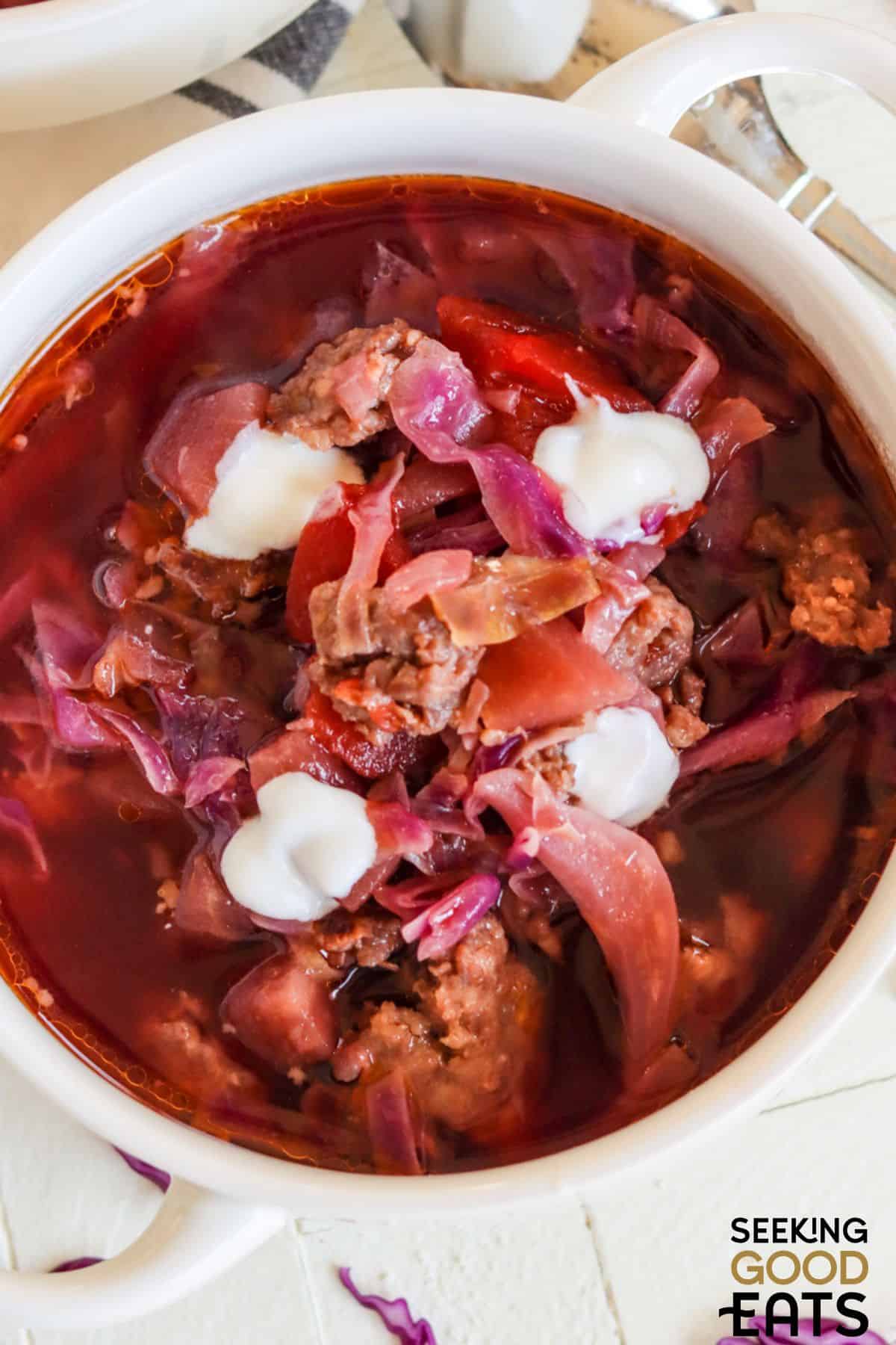 Close up of easy red cabbage soup.
