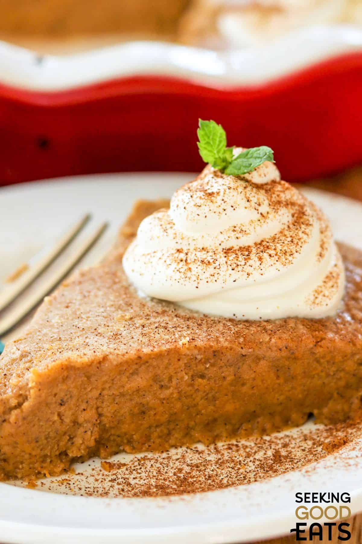 Delicious crustless pumpkin pie slice topped with whipped cream and cinnamon.