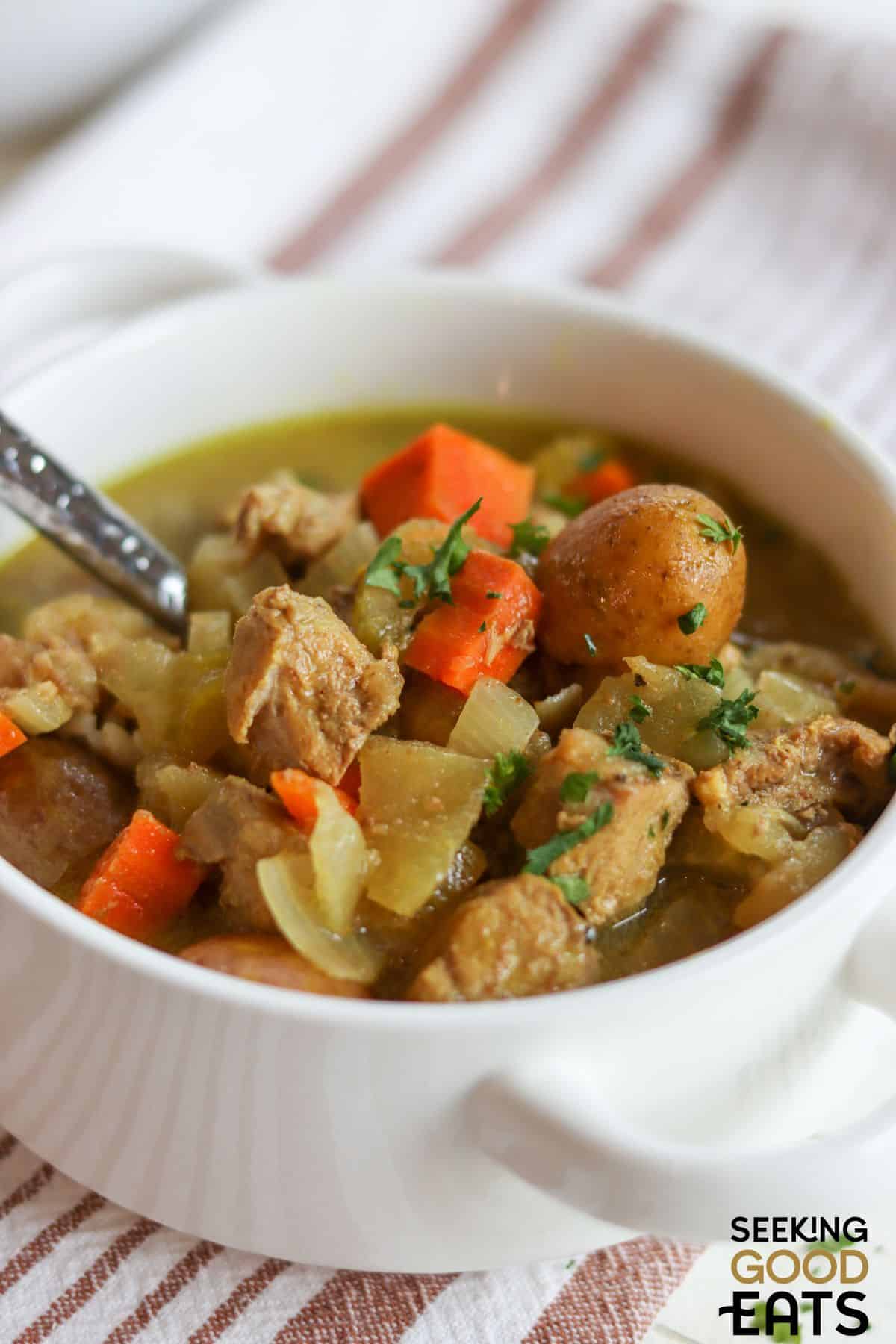 A hearty bowl of slow cooker pork stew served with a spoon.