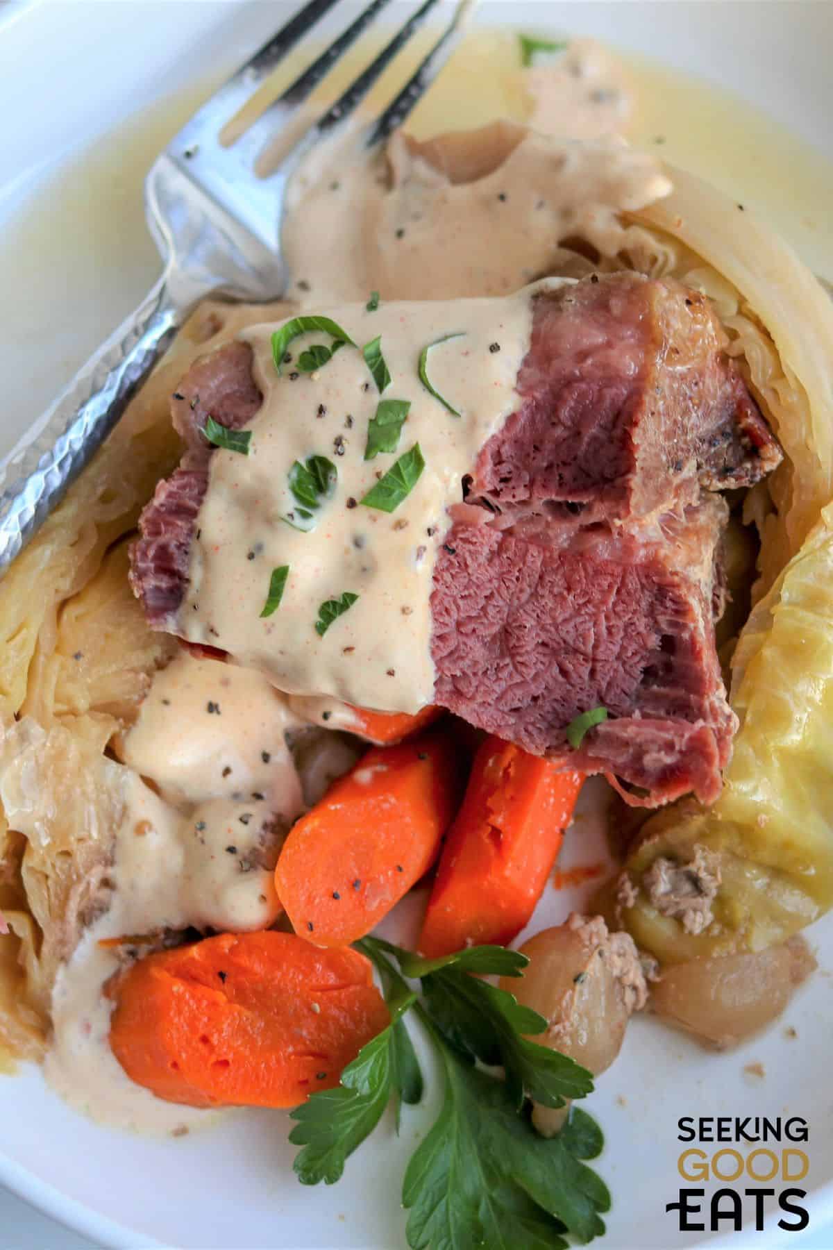 crockpot corned beef brisket served with vegetables
