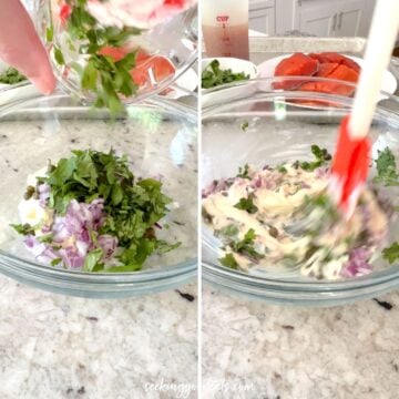 Mixing the sauce ingredients in a clear glass bowl.