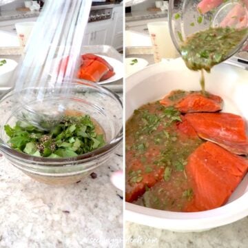 Mixing the marinade then pouring over the salmon fillets.