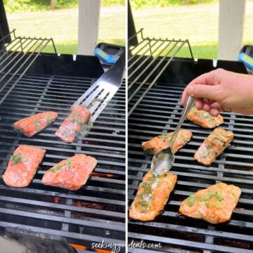 Placing the salmon on the grill then basting with marinade.