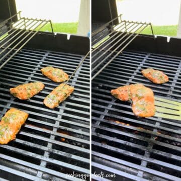 Testing the salmon temperature with a thermometer then removing fillets from the grill.