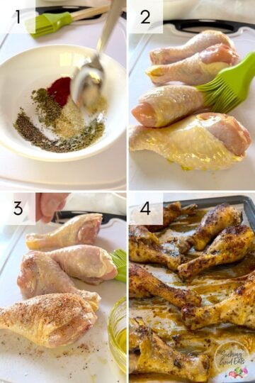 Image collage of the 4 steps to make oven baked chicken legs.