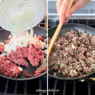 Cooking the ground beef and onions in a skillet.