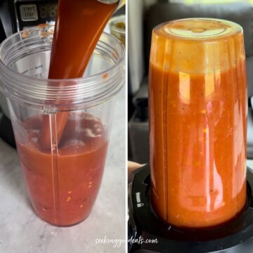 Blending enchilada sauce ingredients in a blender cup.