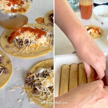 Filling corn tortillas with meat, sauce, and cheese. Rolling the tortillas and placing in a baking dish.