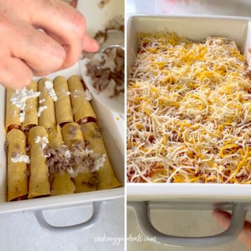 Topping with remaining meat the sprinkling with shredded cheese.