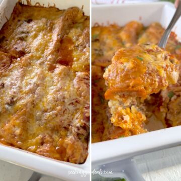 Baking the beef enchiladas in a white rectangle baking dish.