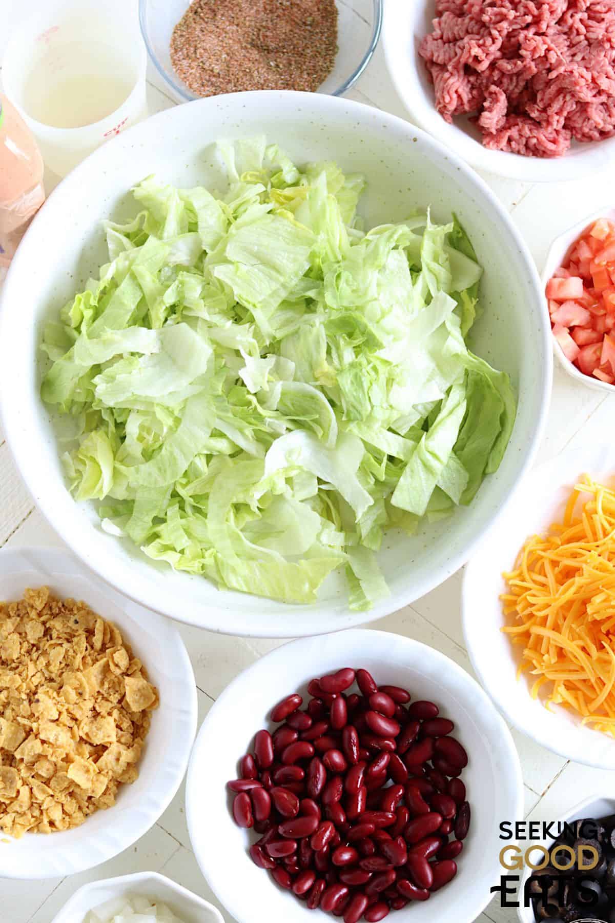 Ingredients needed for making taco salad.