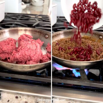Cooking the ground beef for taco meat then adding kidney beans.