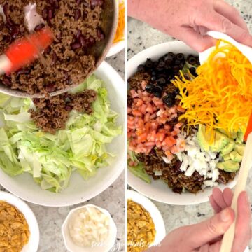 Adding all the salad ingredients to a large bowl.