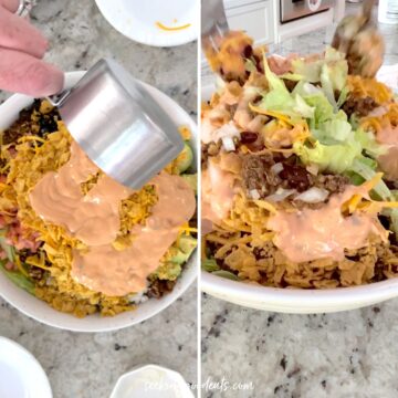 Pouring dressing over the taco salad then tossing gently.