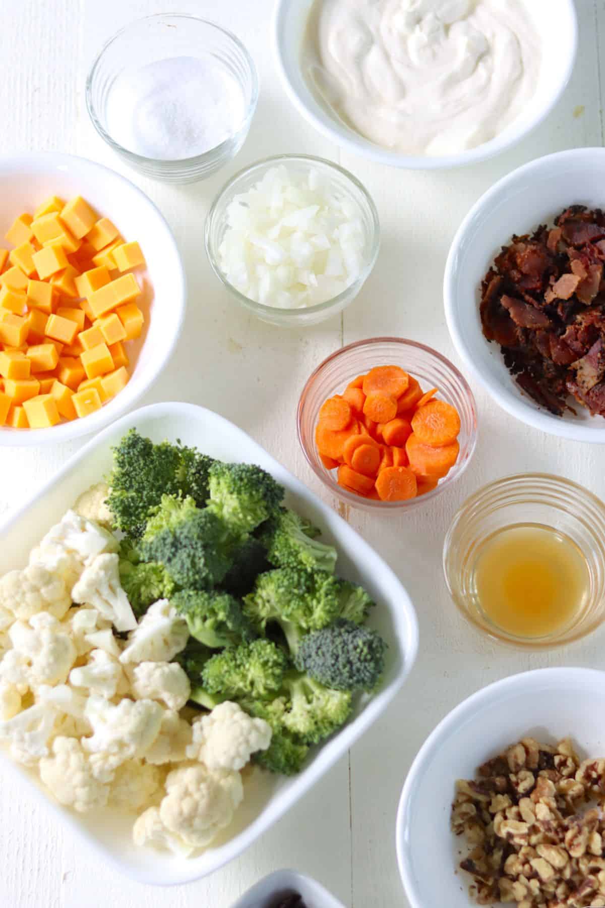 picture of broccoli and cauliflower salad ingredients. 