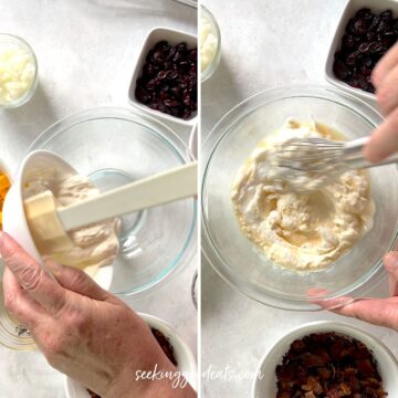Making the broccoli salad dressing in a clear glass bowl and mixing with a whisk.
