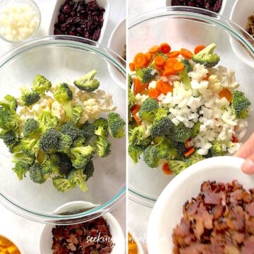 Broccoli, cauliflower, and all remaining salad ingredients in a large glass bowl.