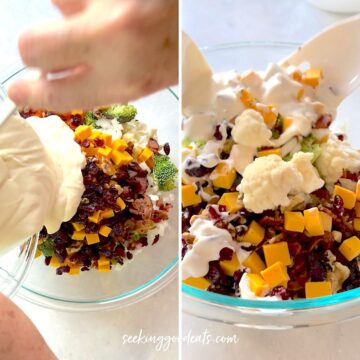 Pouring the salad dressing over the vegetables then tossing together.