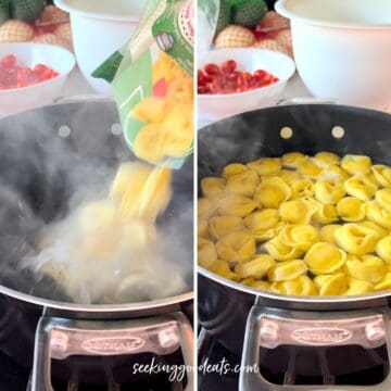 Cooking tortellini pasta in boiling water.