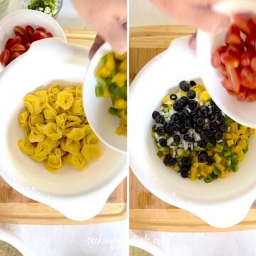Adding colorful chopped bell peppers and tomatoes to tortellini pasta in a white bowl.
