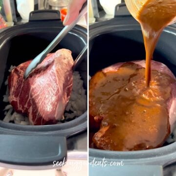 Placing a chuck roast into a black oval crockpot then topping with chipotle sauce.