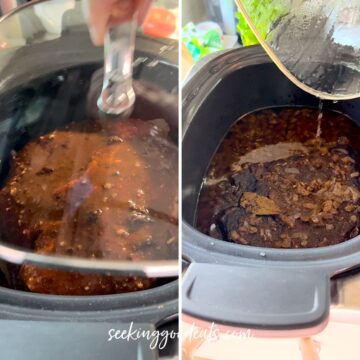 Covering a black oval crockpot with a lid.