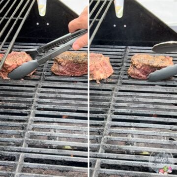 Placing filet mignon steaks on the direct heat side of grill to sear.