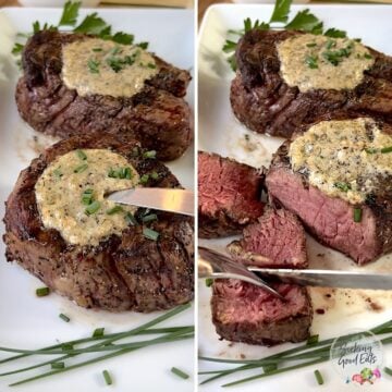Two filet mignon steaks served on a white plate with herb butter and sliced to see inside pinkness.