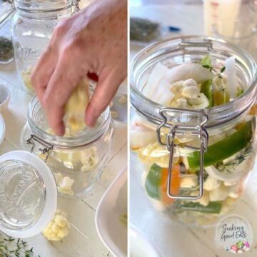 Adding raw fresh cauliflower florets, onions, bell pepper, and garlic into a large clear canning jar.