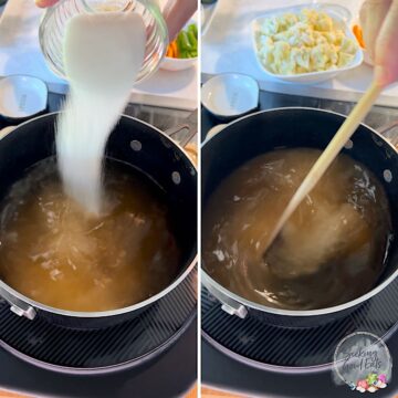 Pouring sugar into pickling liquid in a saucepan and stirring to dissolve.