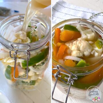 Pouring hot pickling liquid over the top of the fresh cauliflower in a large clear glass mason jar.