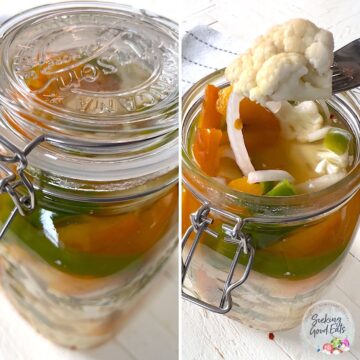 Closing the hinged lid of the glass mason jar. Picking up pickled cauliflower out of the jar with a fork.