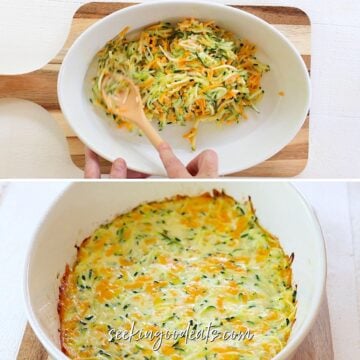 Spreading the zucchini and cheese crust ingredients on the bottom of a white oval baking dish.