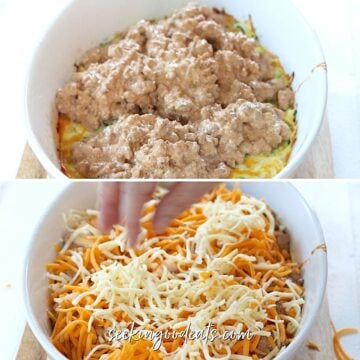 Spreading the taco meat mixture then topping with shredded cheeses before baking.