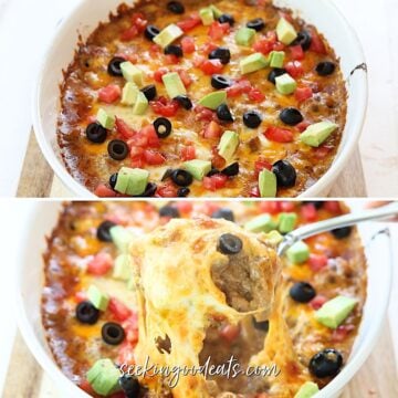 Cheesy baked taco casserole in an white oval baking dish.