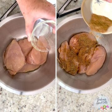 Pouring olive oil over the chicken breasts then sprinkling with dry rub.