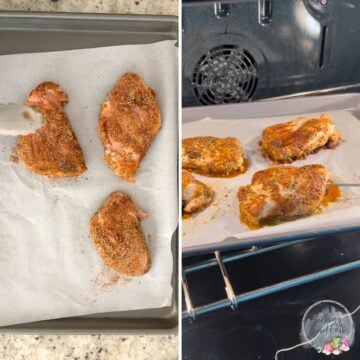 Placing chicken breasts on a baking sheet then baking in the oven with a thermometer.