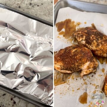 Cover chicken breasts with foil and resting on a baking sheet.