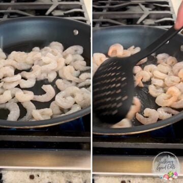 Stir frying the shrimp in a large nonstick skillet.