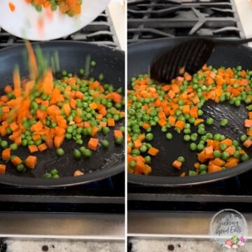 Stir frying the peas and carrots in a large non stick skillet.