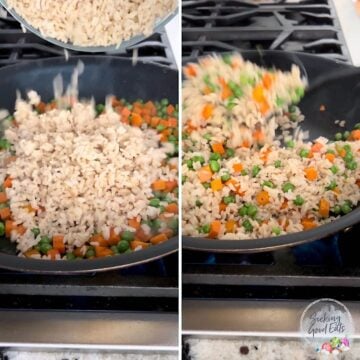 Adding the rice to make shrimp fried rice in a skillet.